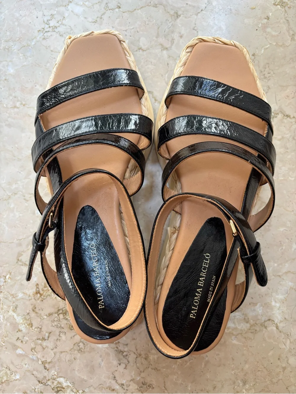 Paloma Barcelo Black Leather Square Toe Platform Raffia Sandals, Size 39/US 8.5